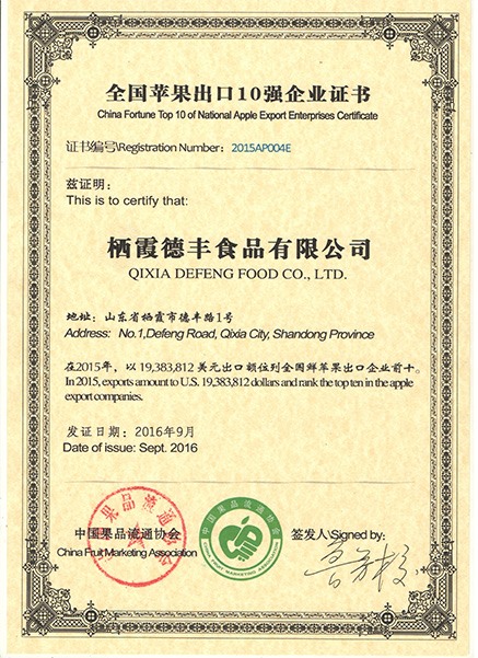 全國蘋果出口10強企業證書